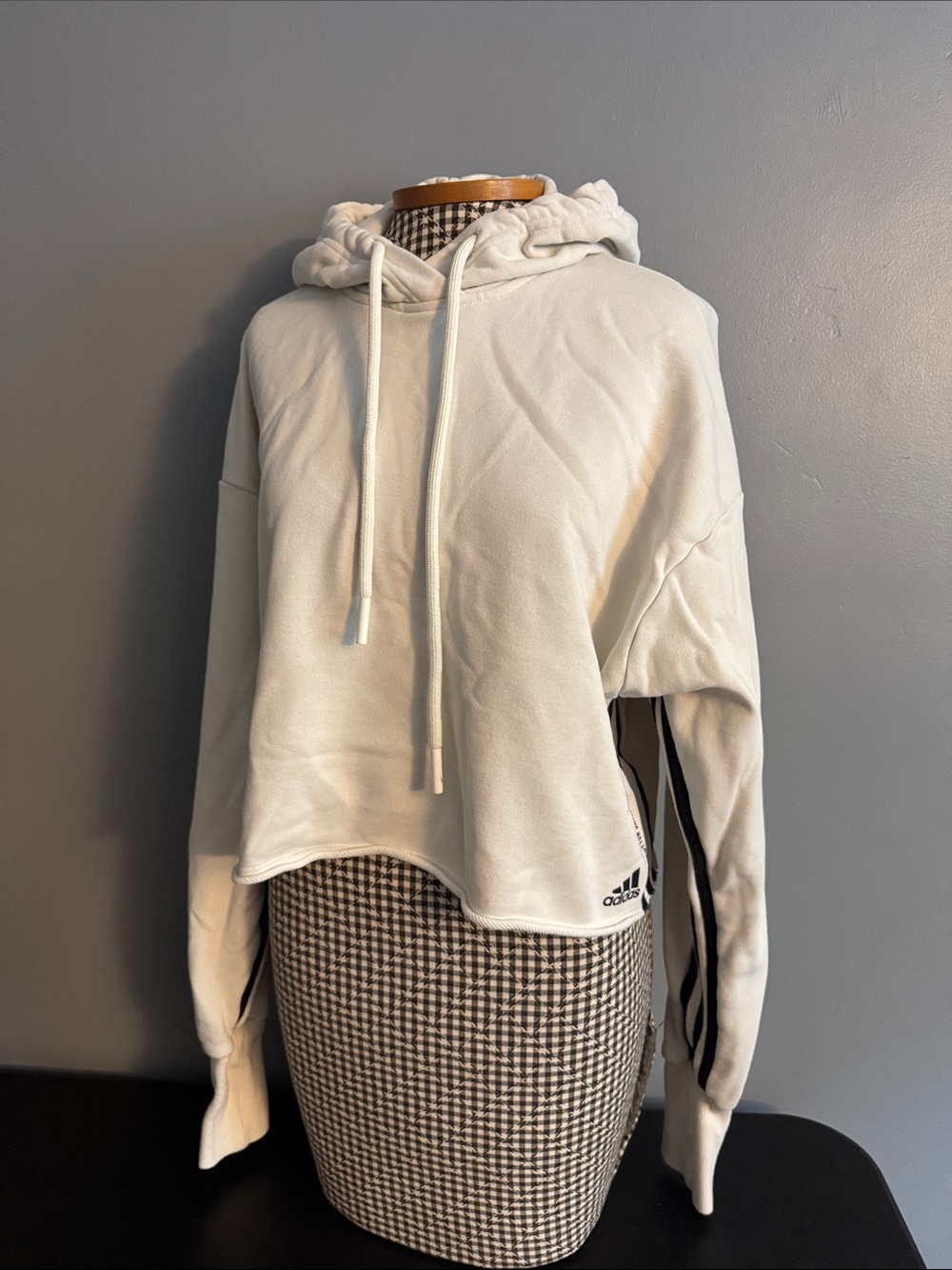 adidas White Cropped Hoodie with Sleeve Stripes